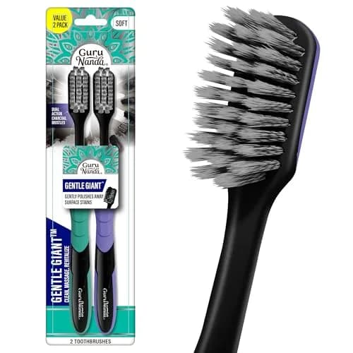 GuruNanda Gentle Giant Charcoal Toothbrush 2ct | Dual Action Flossing Spiral Bristles thumbnail 1