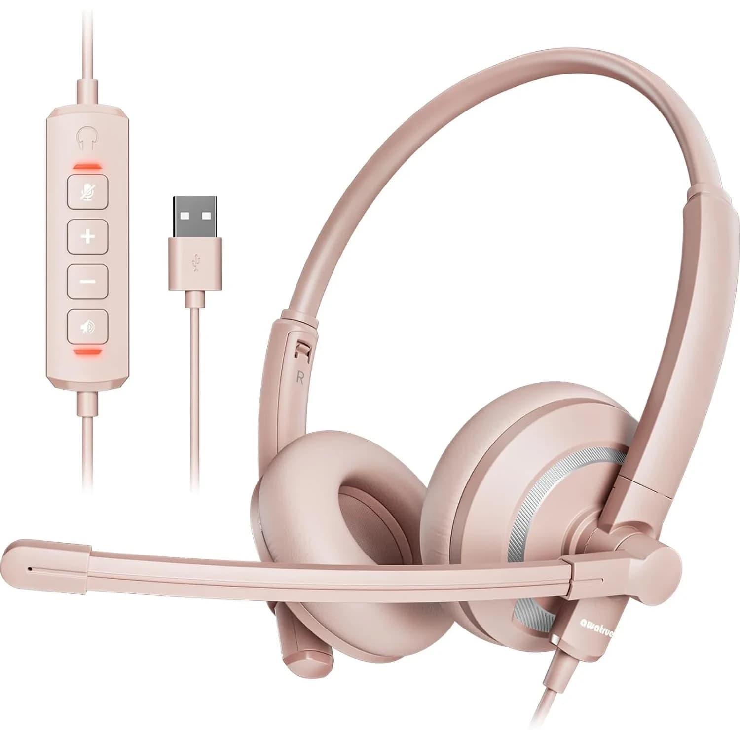 awatrue USB Headset with Microphone for PC - Lightweight Pink Computer Headset with Carry Pouch (40mm Drivers)