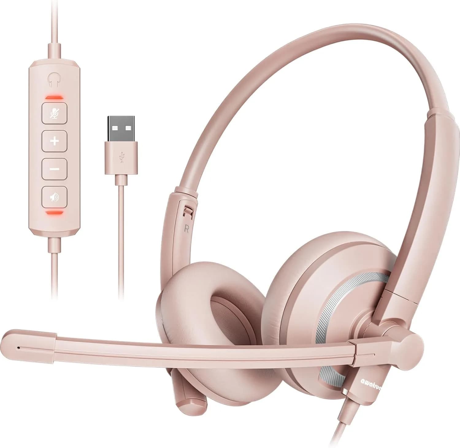 awatrue USB Headset with Microphone for PC - Lightweight Pink Computer Headset with Carry Pouch (40mm Drivers)