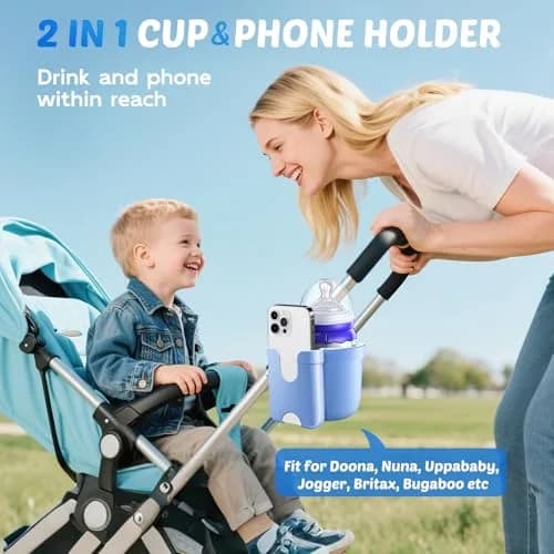Guiseapue Universal Stroller Cup Holder with Phone Mount, Blue | Fits 0.55"-1.7" Handlebars thumbnail 2