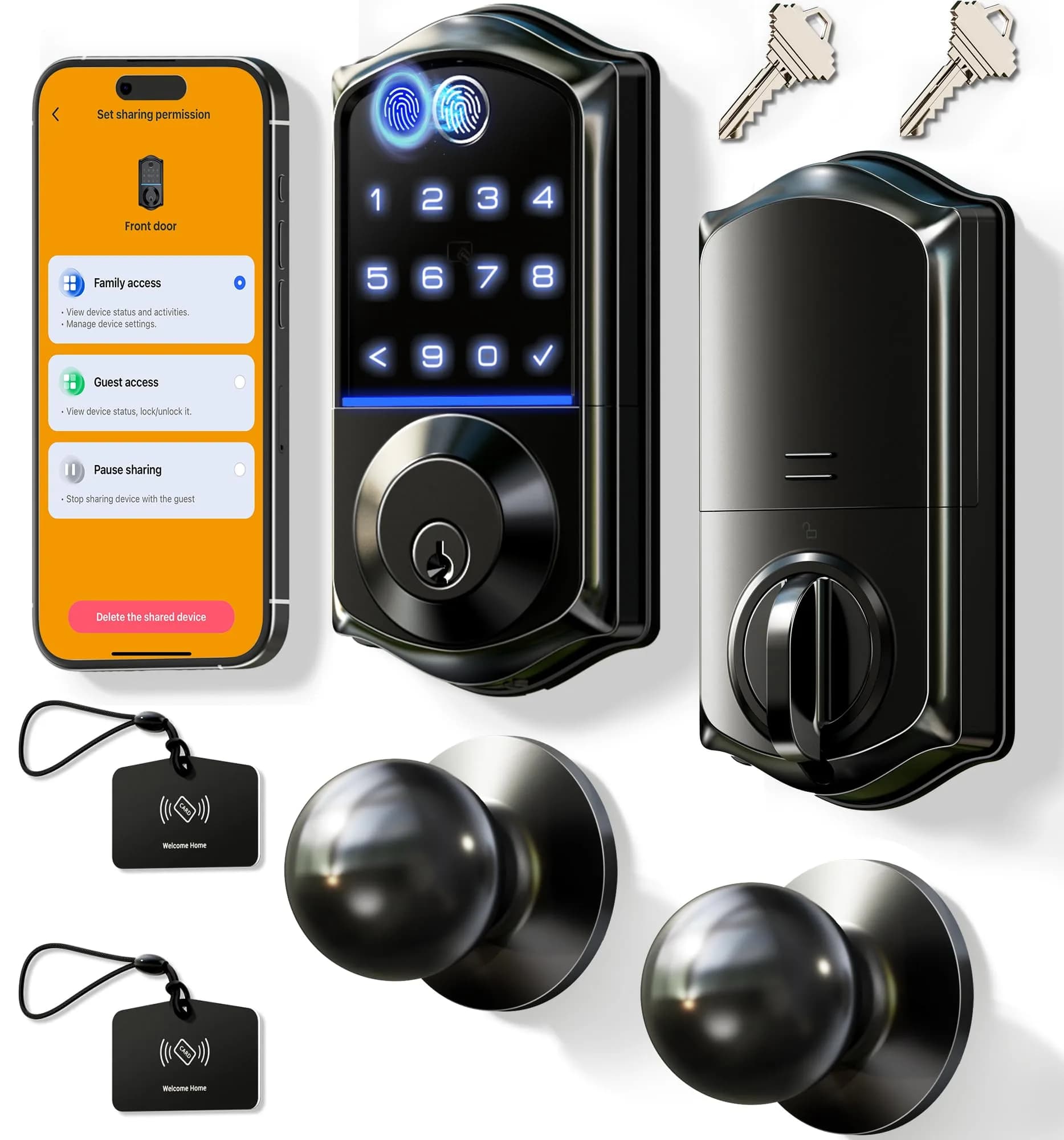 Veise VE017-K Fingerprint Smart Front Lock with Knob Set | APP, Matte Black, IP55 Weather Resistant — Matte Black