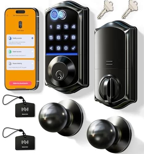 Veise VE017-K Fingerprint Smart Front Lock with Knob Set | APP, Matte Black, IP55 Weather Resistant thumbnail 1