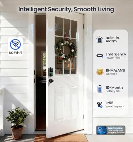 Veise VE017-K Fingerprint Smart Front Lock with Knob Set | APP, Matte Black, IP55 Weather Resistant thumbnail 5