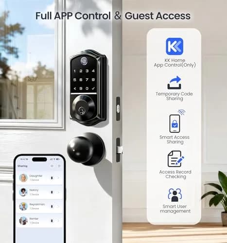 Veise VE017-K Fingerprint Smart Front Lock with Knob Set | APP, Matte Black, IP55 Weather Resistant thumbnail 2