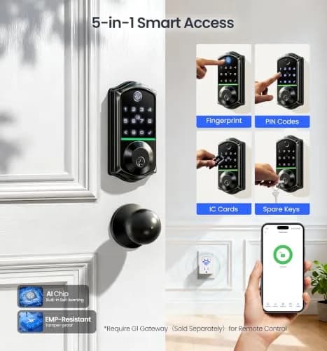 Veise VE017-K Fingerprint Smart Front Lock with Knob Set | APP, Matte Black, IP55 Weather Resistant thumbnail 3