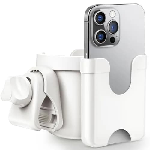 Guiseapue 2-in-1 Stroller Cup Holder with Phone Holder, White | Universal Fit for Bikes & Walkers thumbnail 1