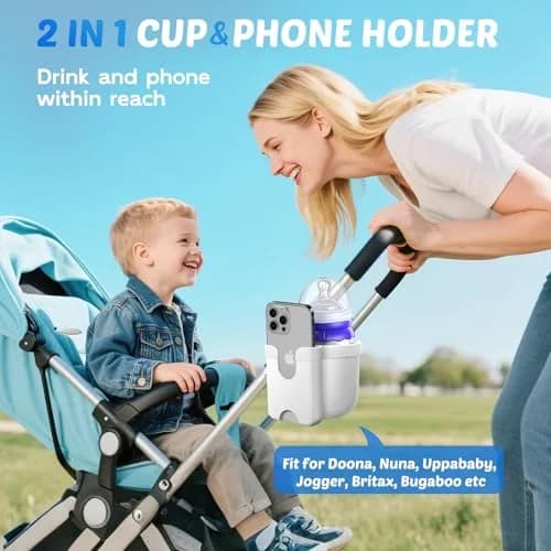 Guiseapue 2-in-1 Stroller Cup Holder with Phone Holder, White | Universal Fit for Bikes & Walkers thumbnail 2