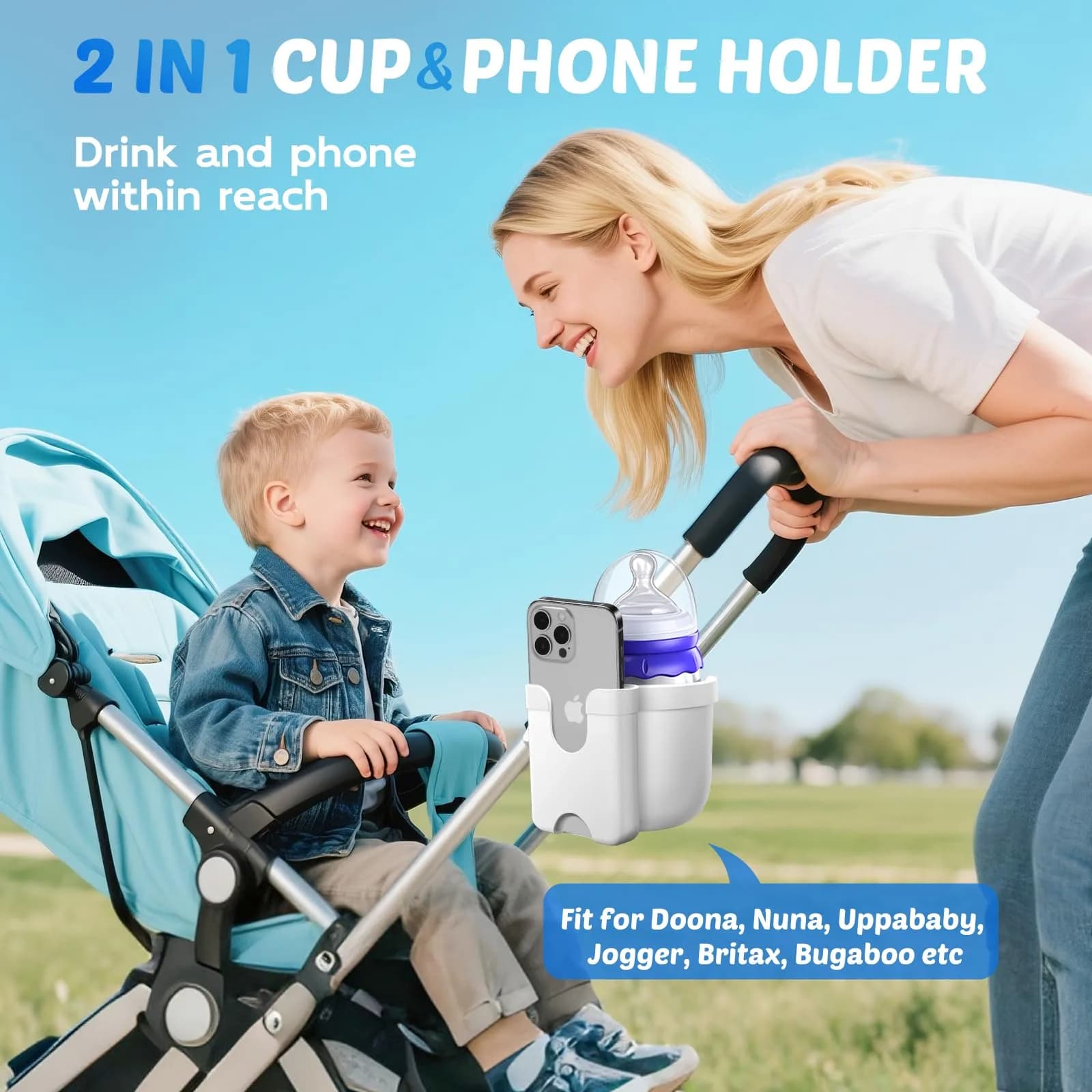 Guiseapue 2-in-1 Stroller Cup Holder with Phone Holder, White | Universal Fit for Bikes & Walkers - view 2