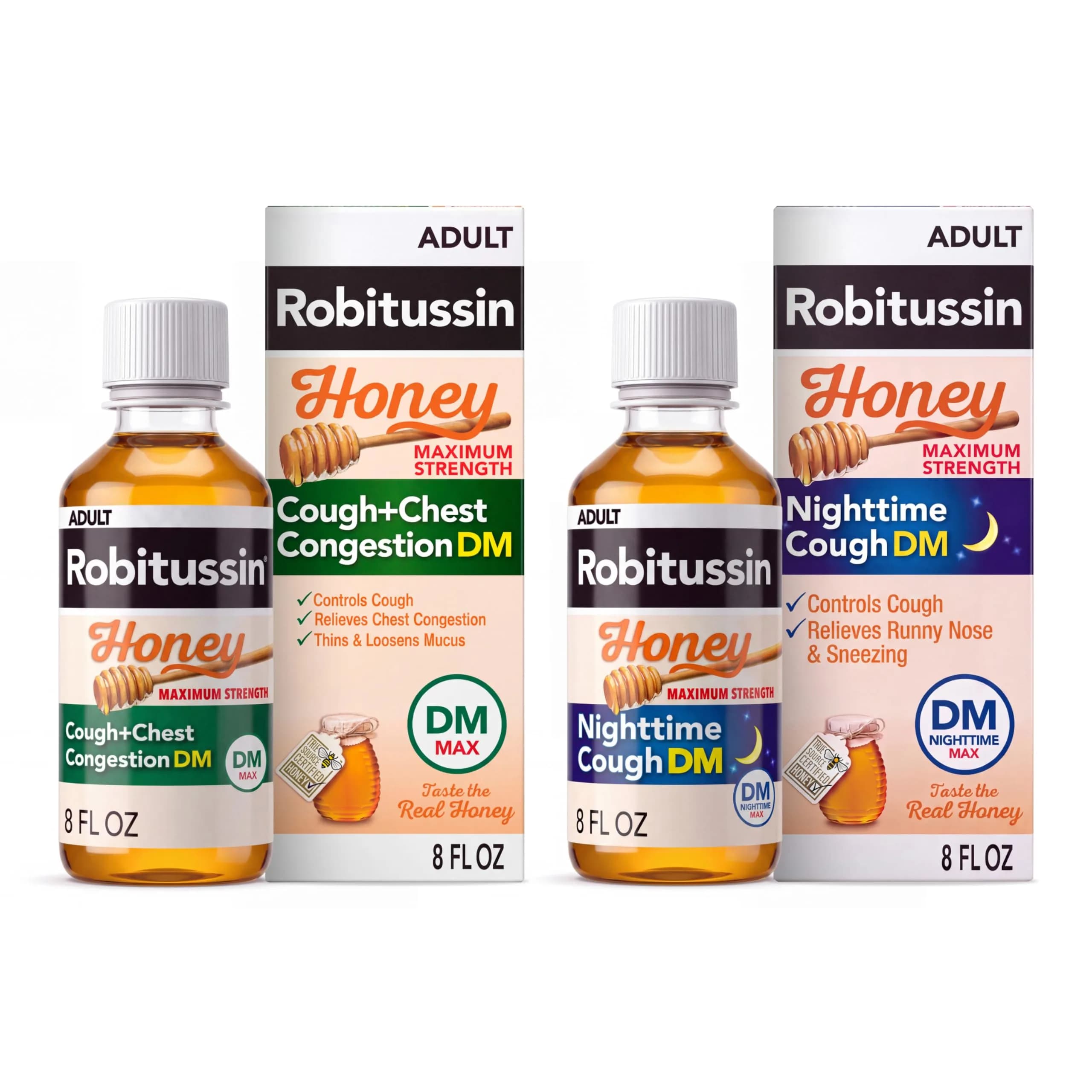 Robitussin Honey DM Max, Day & Night Formulas, 8 fl oz | Honey Flavored Cough & Congestion Relief for Adults & Children 12+