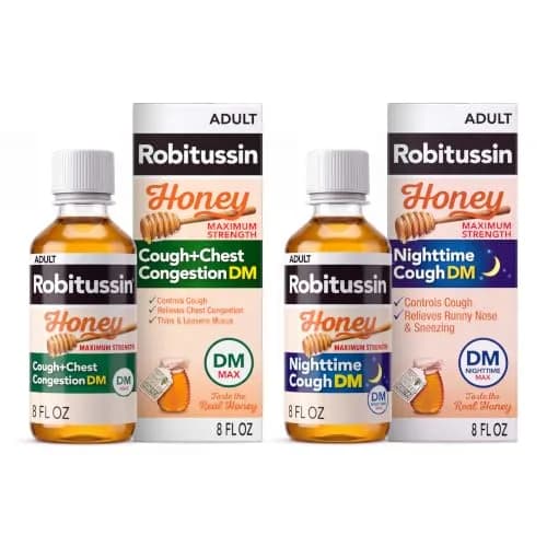 Robitussin Honey DM Max, Day & Night Formulas, 8 fl oz | Honey Flavored Cough & Congestion Relief for Adults & Children 12+ thumbnail 1