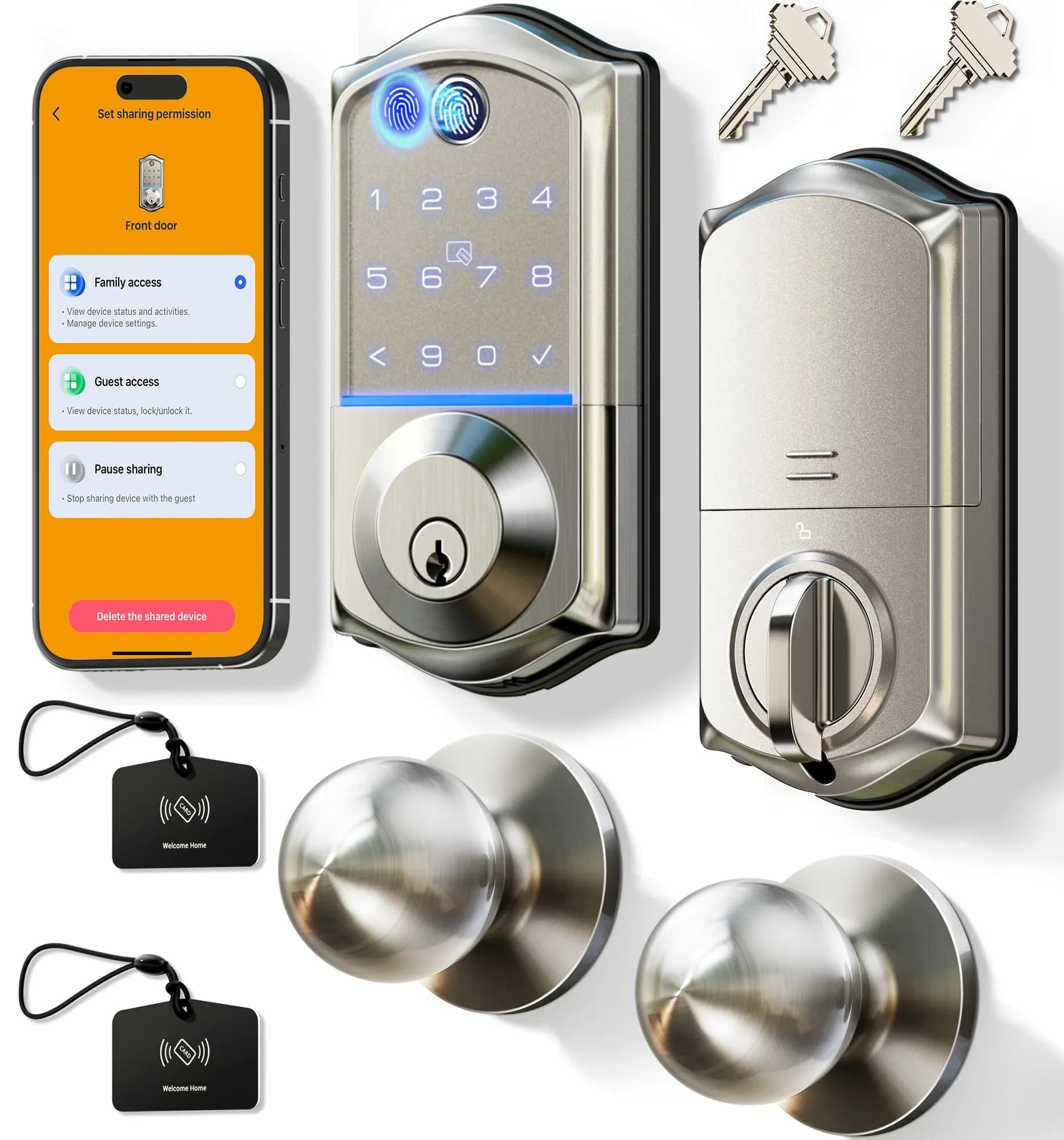 Veise VE017-K Fingerprint Smart Front Lock with Knob Set | APP, Matte Black, IP55 Weather Resistant