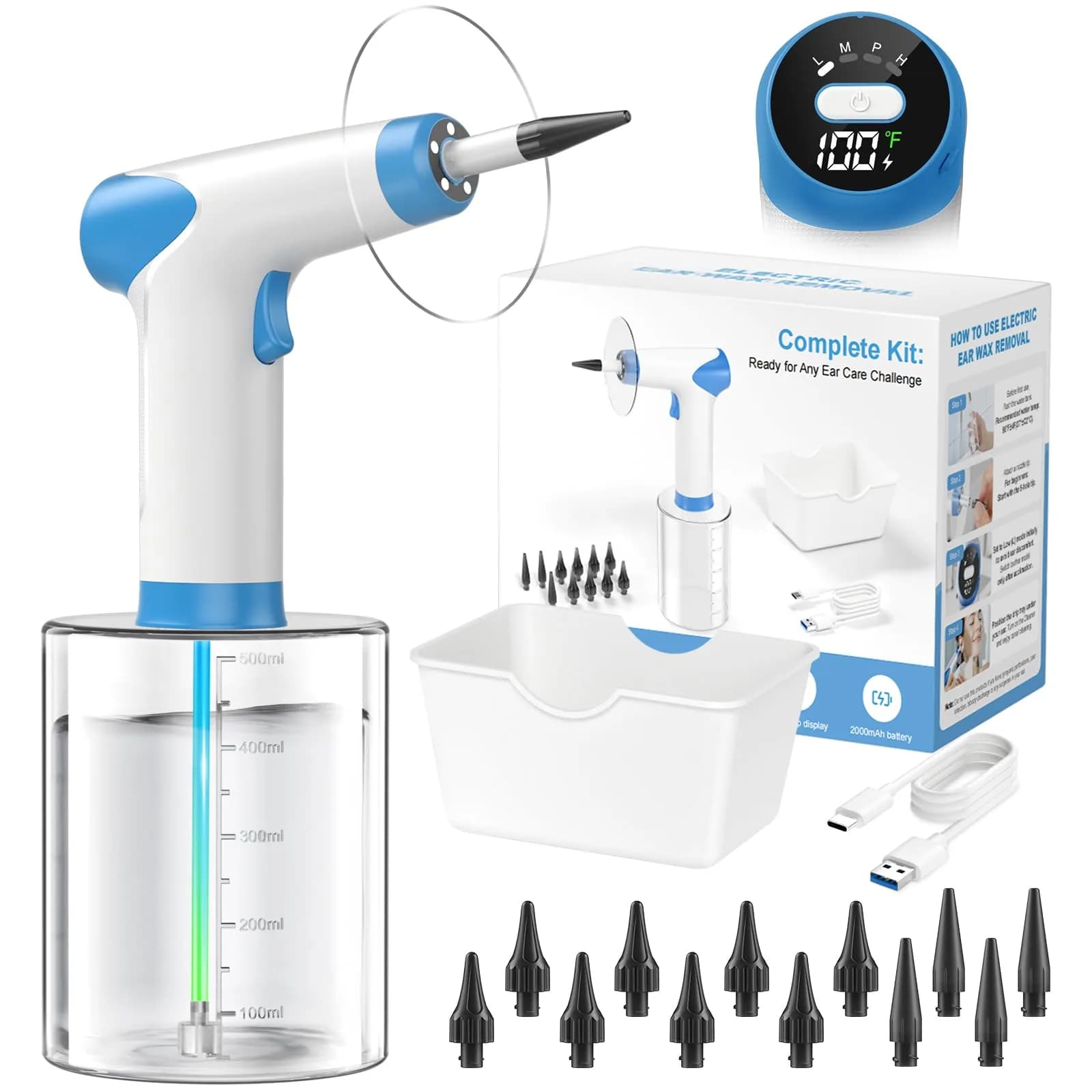 Featjoy Electric Ear Wax Removal Kit with 12 Modes & Real-Time Temp Display | 500ml Water Tank - main product image
