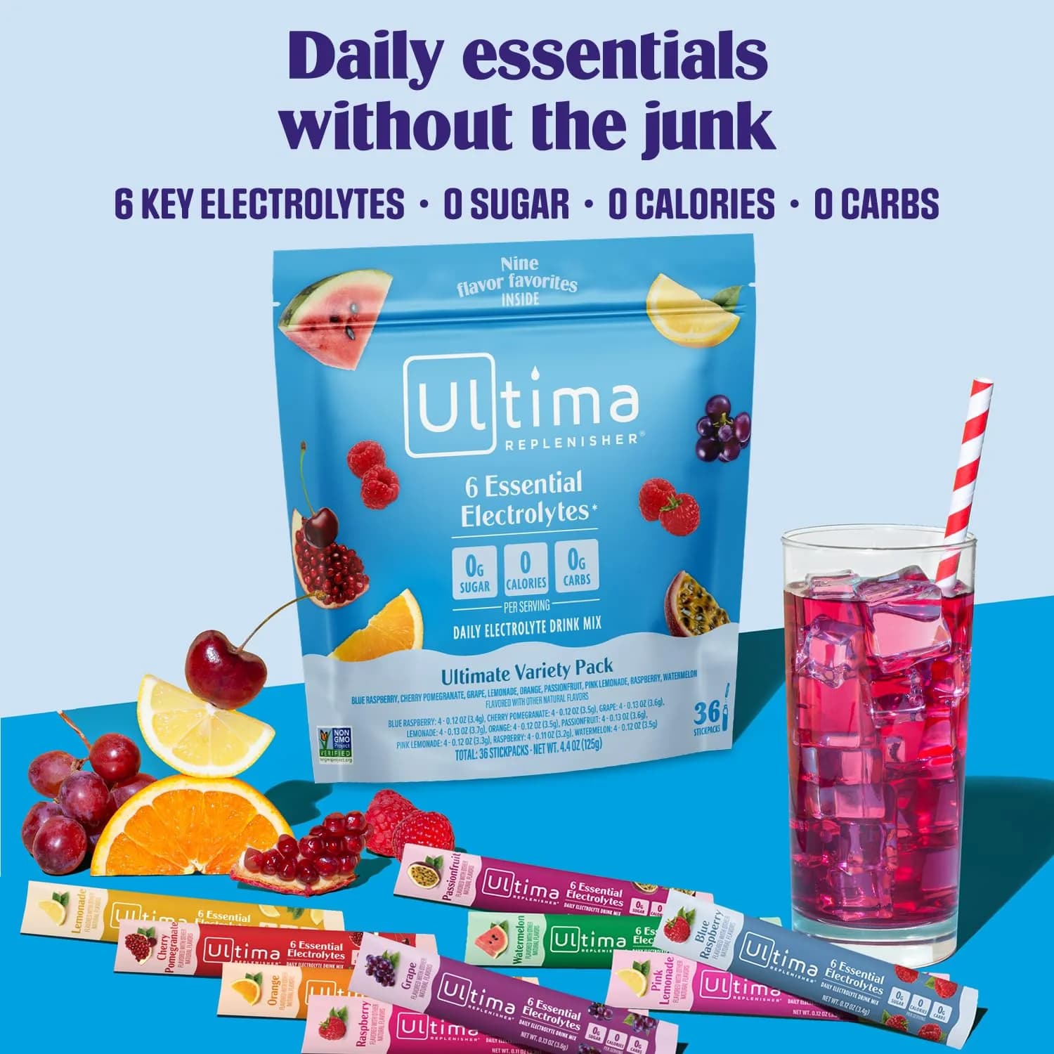 Ultima Replenisher Daily Electrolyte Powder Stick Variety Pack, 36 Stickpacks | Zero Sugar Hydration Packets with 6 Electrolytes and Minerals - view 2