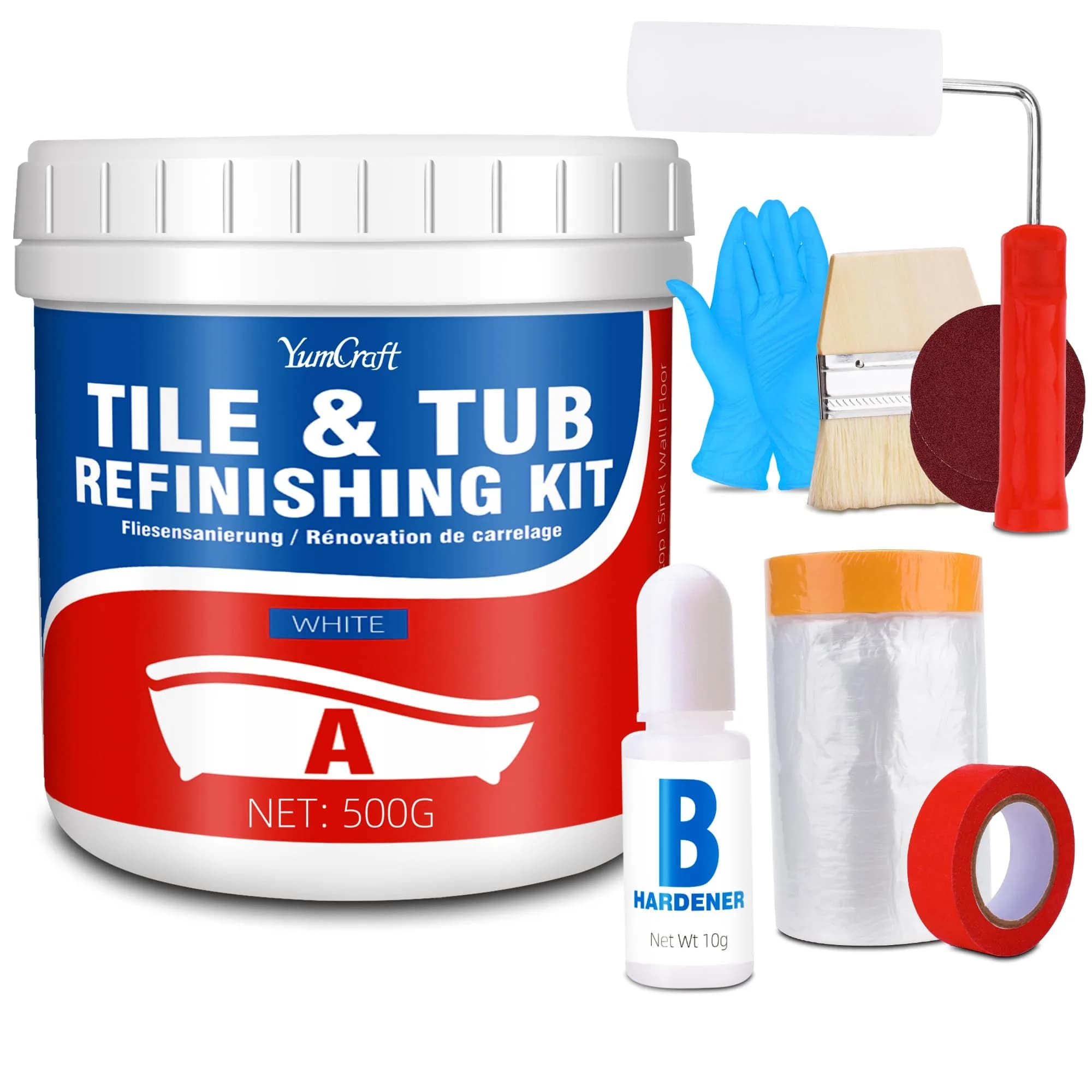YumCraft White Tub and Tile Refinishing Kit 500g (17 Fl Oz) | Durable Water-Based Acrylic Paint for Bathrooms and Kitchens — 17 Ounce
