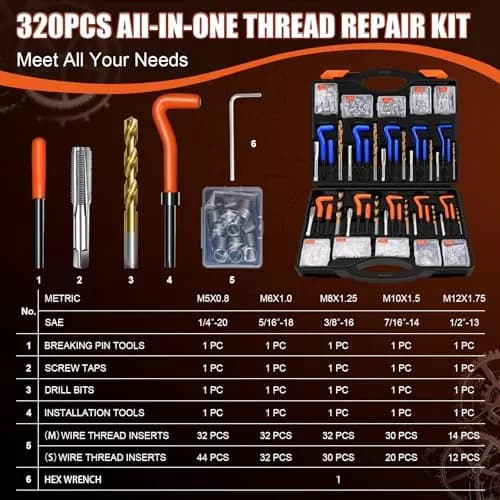 coobeast 320-Piece Metric & SAE Helical Thread Repair Kit with Titanium-Coated Drill Bits & HSS Taps | 3.08 kg (6.8 lb) thumbnail 5