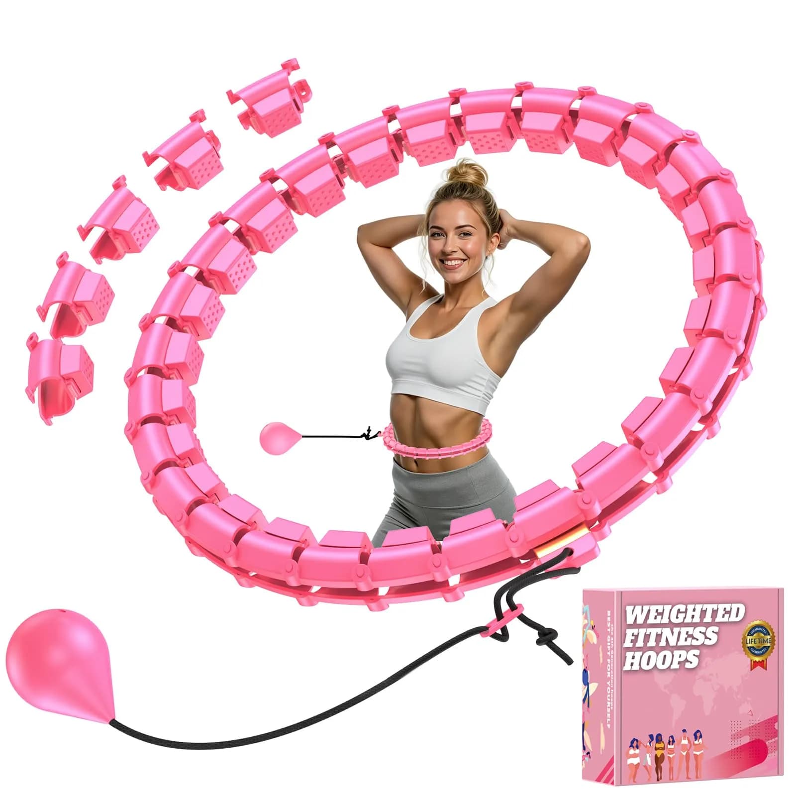 Gkyet Quiet Hula Circle Hoops,65 inch 32 Knots Plus Size Hula Infinity Fitness Detachable Hoops | Suitable for Beginners — Red