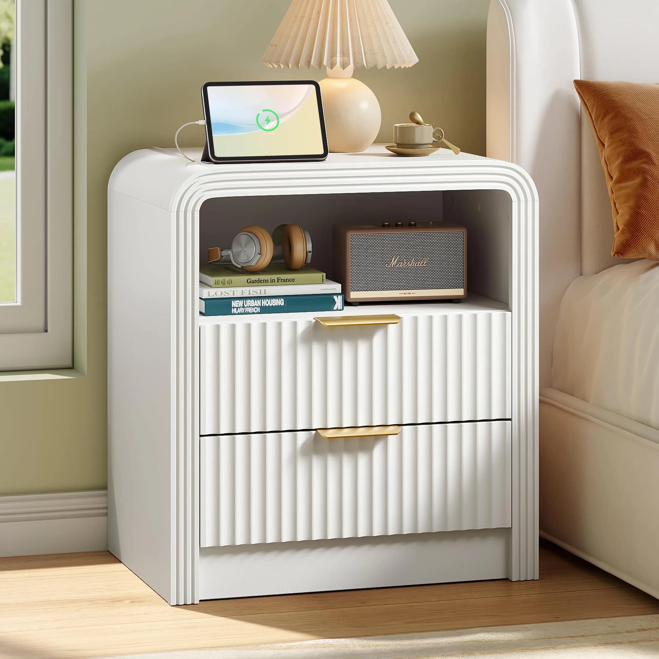 Decofy Fluted Nightstand with Charging Station, 2 Drawers, Walnut | Modern Bedroom End Table with USB & Type-C Ports — White