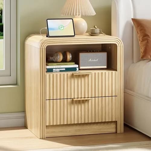 Decofy Fluted Nightstand with Charging Station, 2 Drawers, Walnut | Modern Bedroom End Table with USB & Type-C Ports — Natural Oak