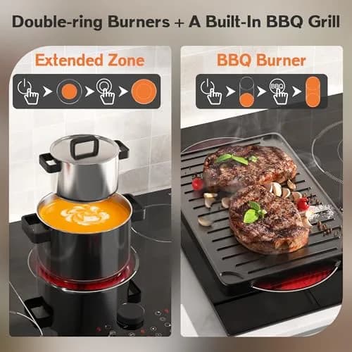 Karienvir 30 Inch Electric Cooktop 8600W | 5 Burners, Expandable Zone, 220-240V Hardwired thumbnail 5