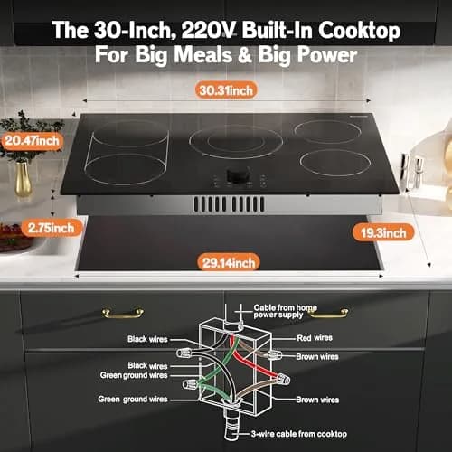 Karienvir 30 Inch Electric Cooktop 8600W | 5 Burners, Expandable Zone, 220-240V Hardwired thumbnail 7