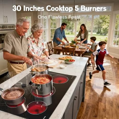 Karienvir 30 Inch Electric Cooktop 8600W | 5 Burners, Expandable Zone, 220-240V Hardwired thumbnail 2