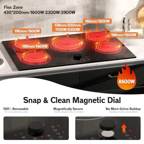 Karienvir 30 Inch Electric Cooktop 8600W | 5 Burners, Expandable Zone, 220-240V Hardwired thumbnail 3