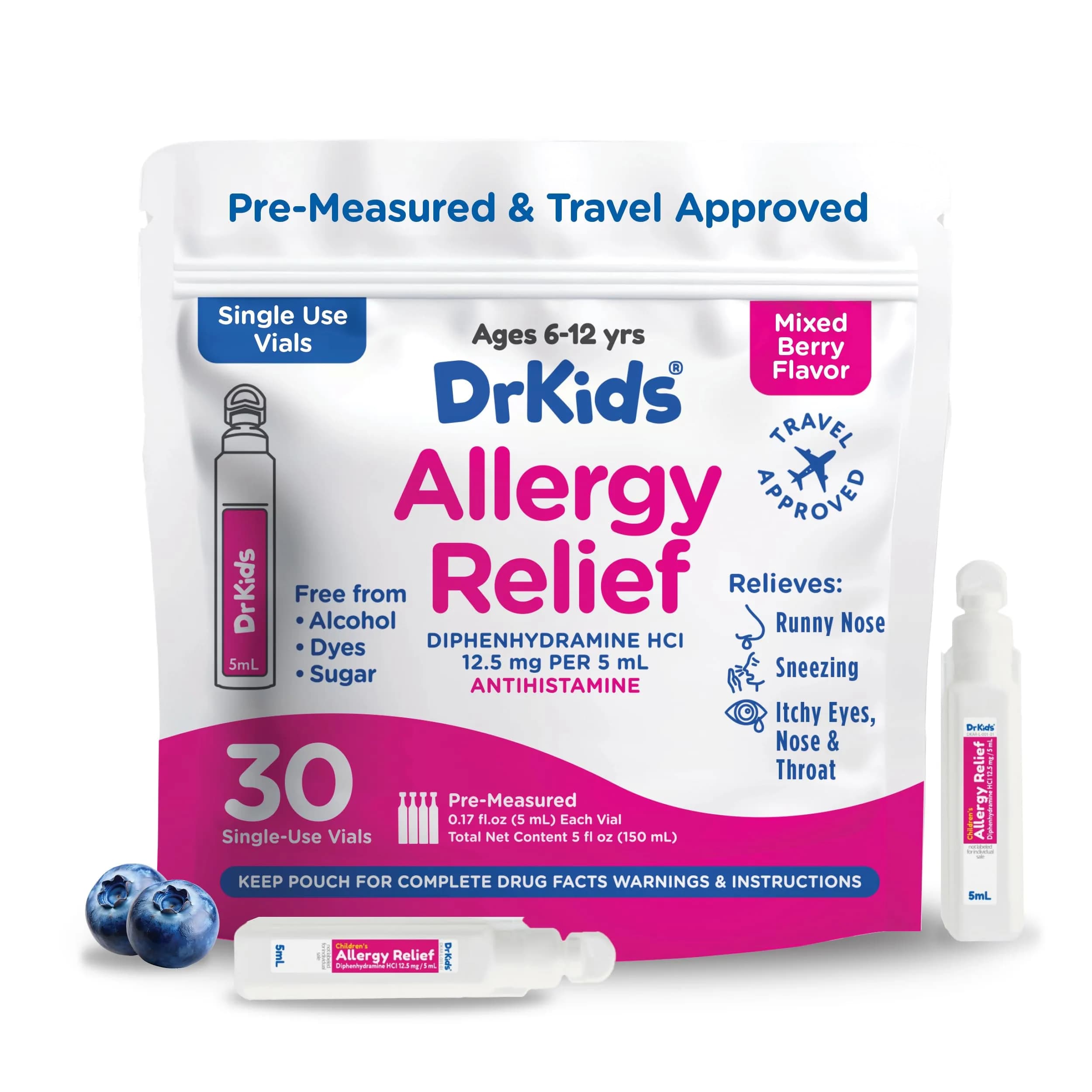 Dr. Kids Children's Allergy Relief Medicine, Mixed Berry Flavor, 30 Count | Fast-Acting, DYE FREE, Travel-Friendly — Mixed Berry