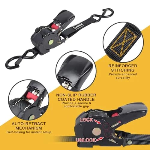 Ayaport Retractable Ratchet Straps 2.54cm x 3.81m (1" x 12.5ft) 2-Pack | Heavy Duty 544kg (1200lbs) Break Strength Tie Downs thumbnail 3