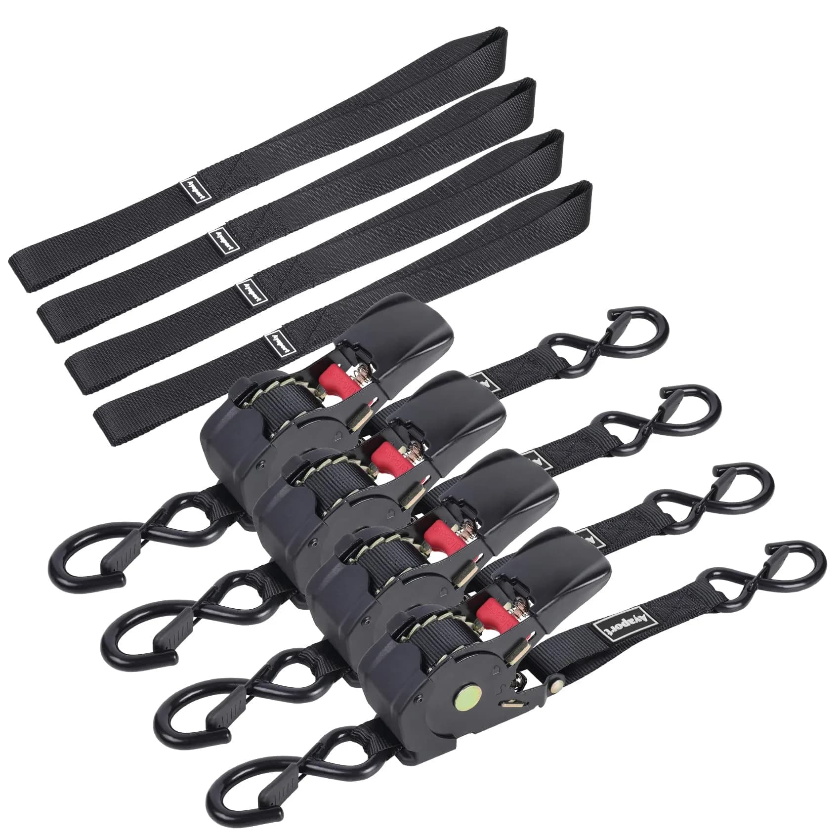 Ayaport Retractable Ratchet Straps 2.54cm x 3.81m (1" x 12.5ft) 2-Pack | Heavy Duty 544kg (1200lbs) Break Strength Tie Downs — Black / 1"x12.5'-4pcs