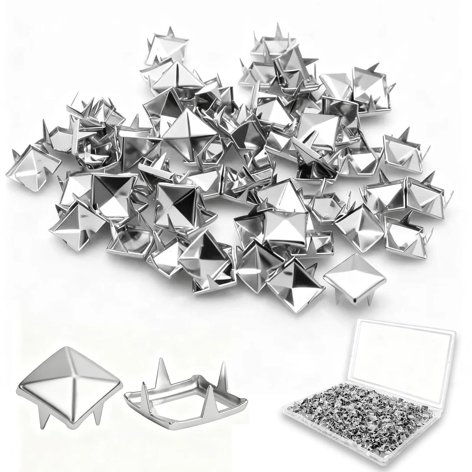 XIAEQOH 500PCS 10mm 4-Prong Square Spikes | Silver Metal Pyramid Studs for Crafts & Clothing — 500PCS