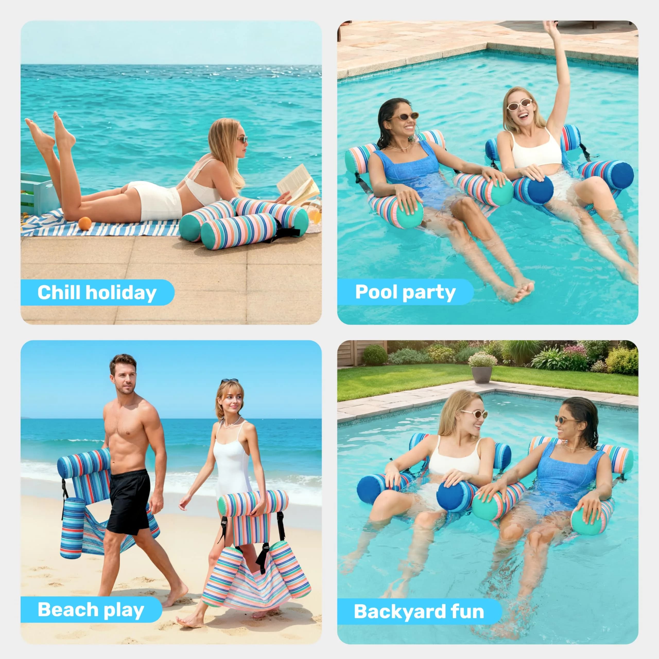 Sloosh Inflatable Pool Floats Adult 2-Pack | Blue, Light Green Stripes, 76cm x 41cm x 61cm (30"x16"x24") - view 7