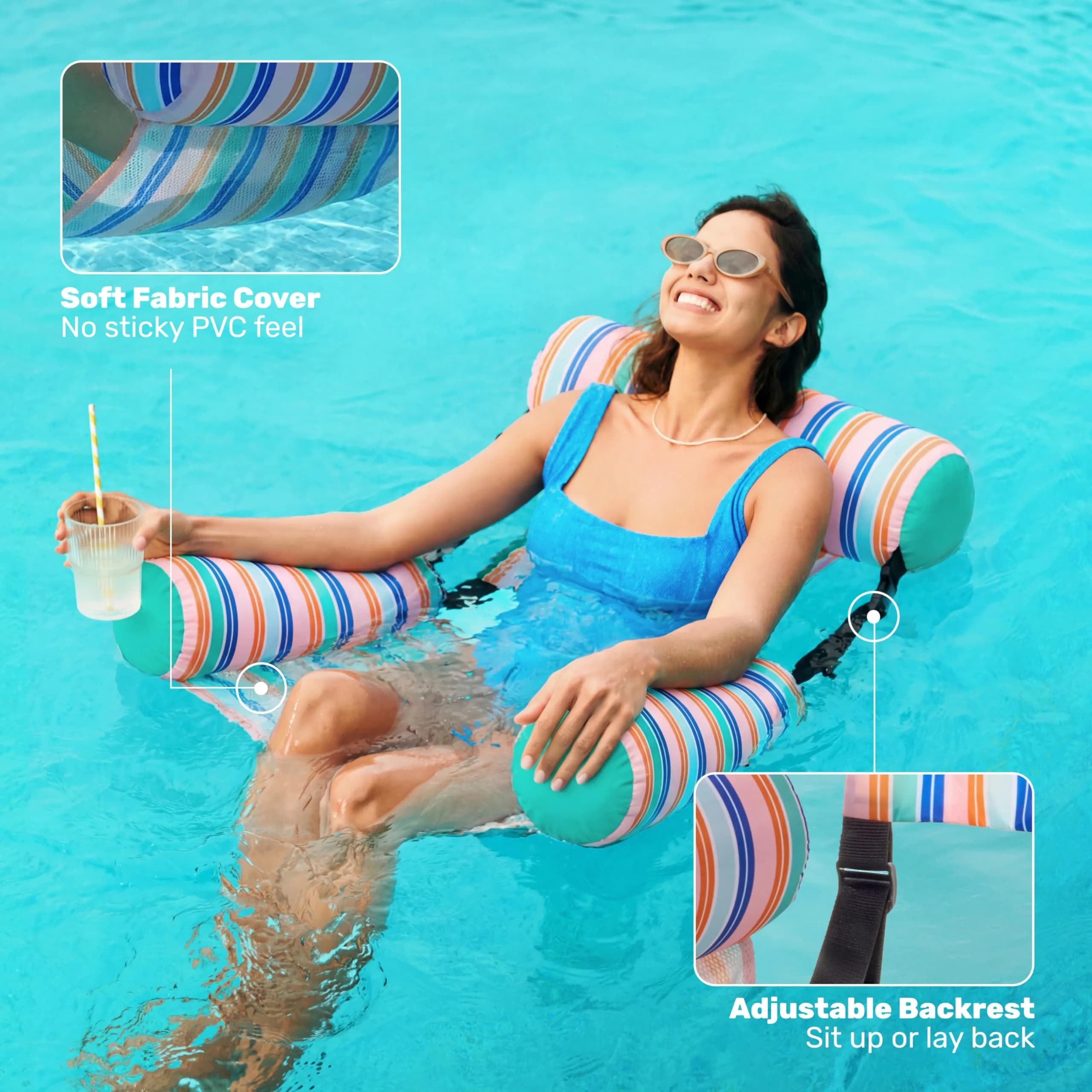 Sloosh Inflatable Pool Floats Adult 2-Pack | Blue, Light Green Stripes, 76cm x 41cm x 61cm (30"x16"x24") - view 3