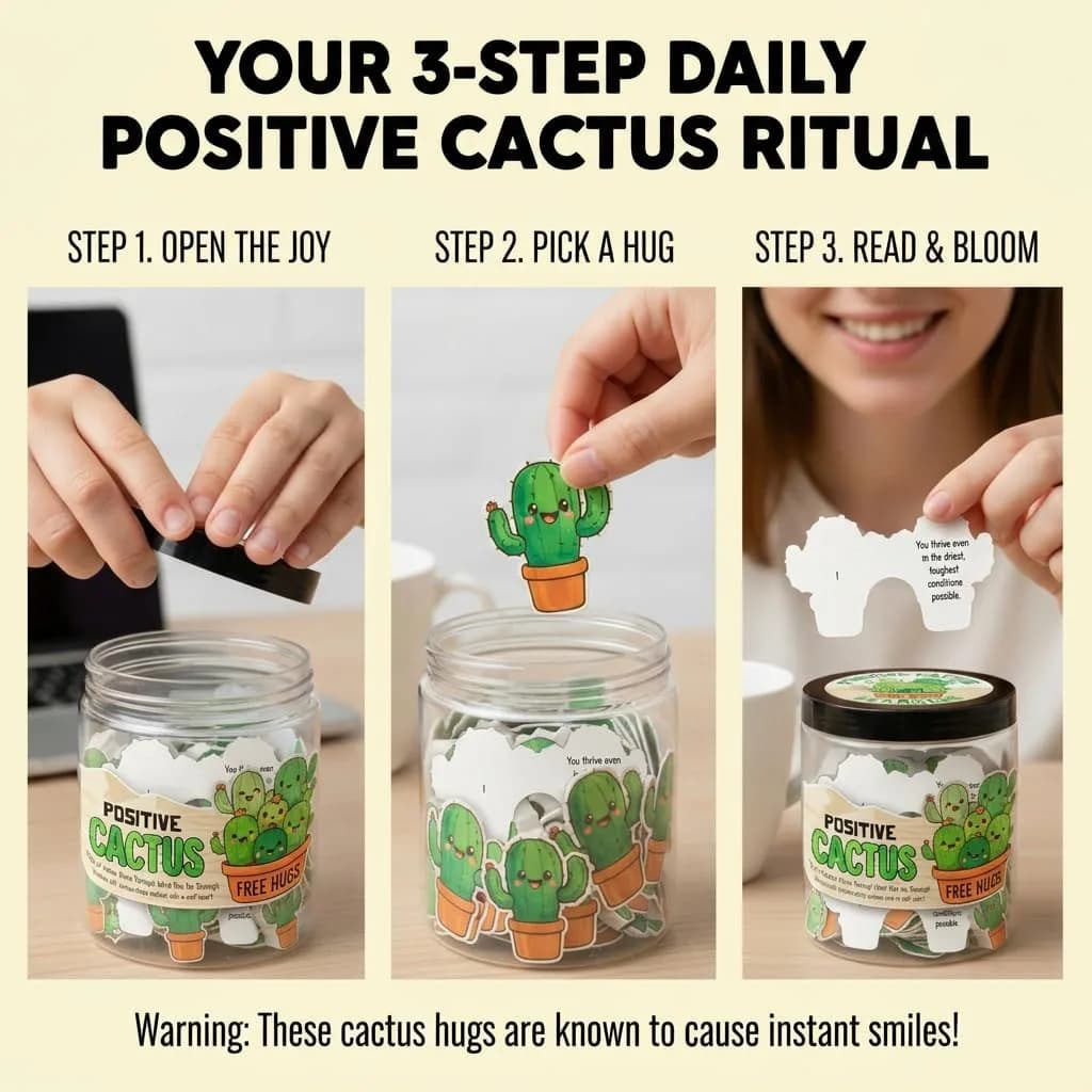 DEARMINE Positive Cactus Jar with 60 Daily Affirmation Cards, Emotional Support Plant Cactus Gifts, Stress Relief, Motivational Gift, Cactus Plushies, Mini Plant Toy Decor, Funny Gifts for Women (Pack of 1) - view 3