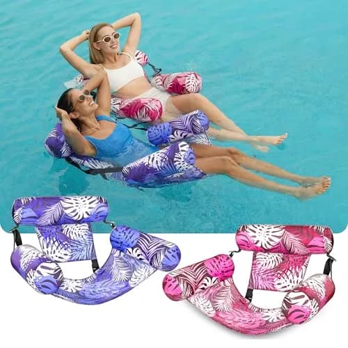 Sloosh Inflatable Pool Floats Adult 2-Pack | Tropical Leaves-Purple,Pink (30"x16"x32" each) thumbnail 2