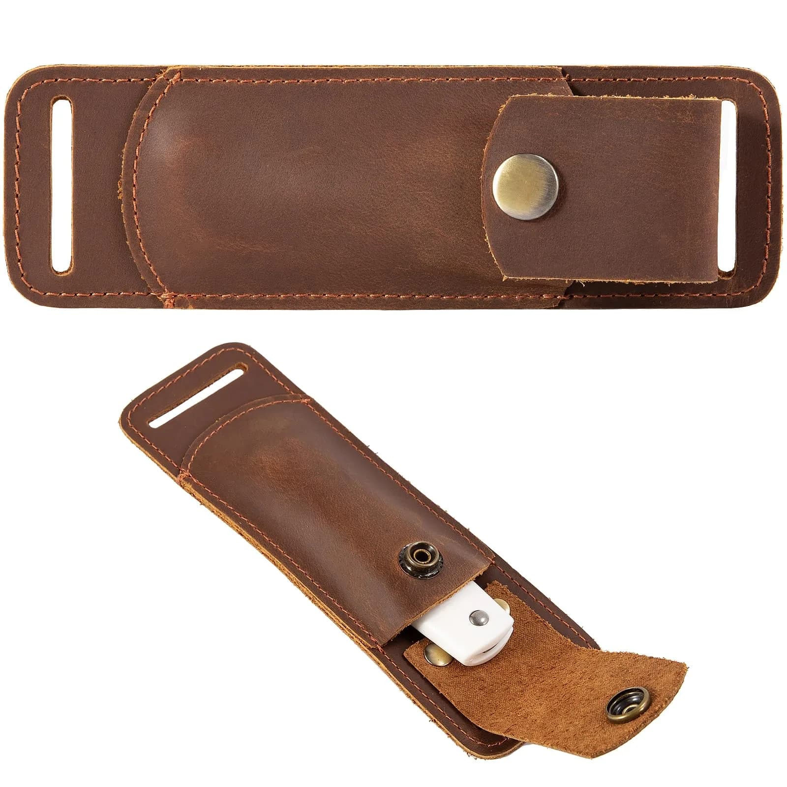 QCWN Leather Pocket Knife Sheath for Belt Loop Folding EDC Knife Holster Open Top Holder Case Fits 5 inch Folding Knife Buck 110 Western Belt Knife Holder Horizontal (Brown) | Durable Leather Design — Brown