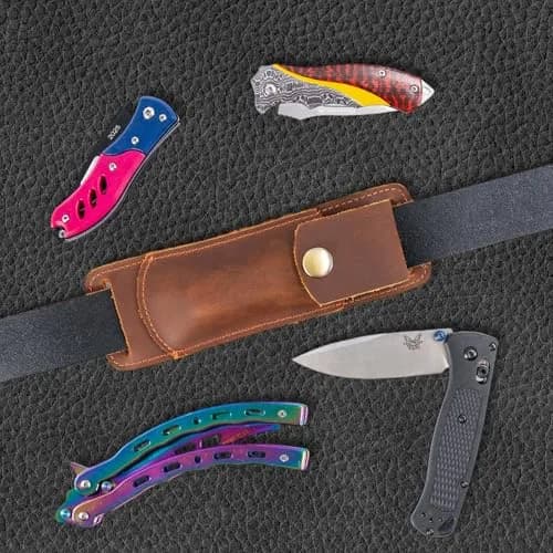 QCWN Leather Pocket Knife Sheath for Belt Loop Folding EDC Knife Holster Open Top Holder Case Fits 5 inch Folding Knife Buck 110 Western Belt Knife Holder Horizontal (Brown) | Durable Leather Design thumbnail 6