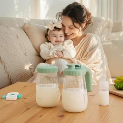 Momcozy Glass Breast Milk Pitcher with Flat and Handle Lid, 2pc, 32oz Each (946ml Total) | Dual-Lid Design for Storage & Pouring thumbnail 7