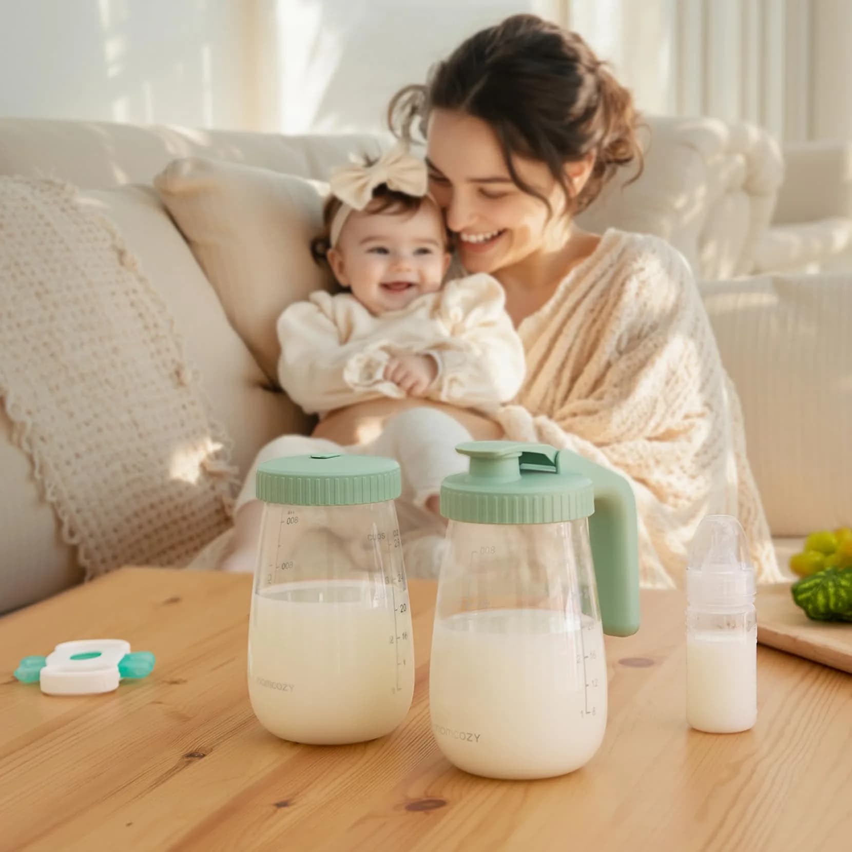 Momcozy Glass Breast Milk Pitcher with Flat and Handle Lid, 2pc, 32oz Each (946ml Total) | Dual-Lid Design for Storage & Pouring - view 7