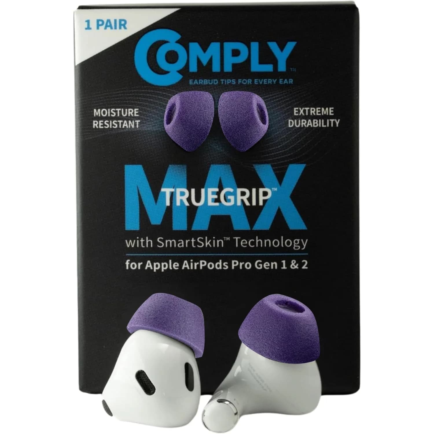 Comply TrueGrip MAX Premium Memory Foam Replacement Ear Tips for AirPods Pro 1 & 2, Small Purple (2 Pairs) | Superior Noise Isolation & All-Day Comfort — TrueGrip MAX Purple 1 Pair