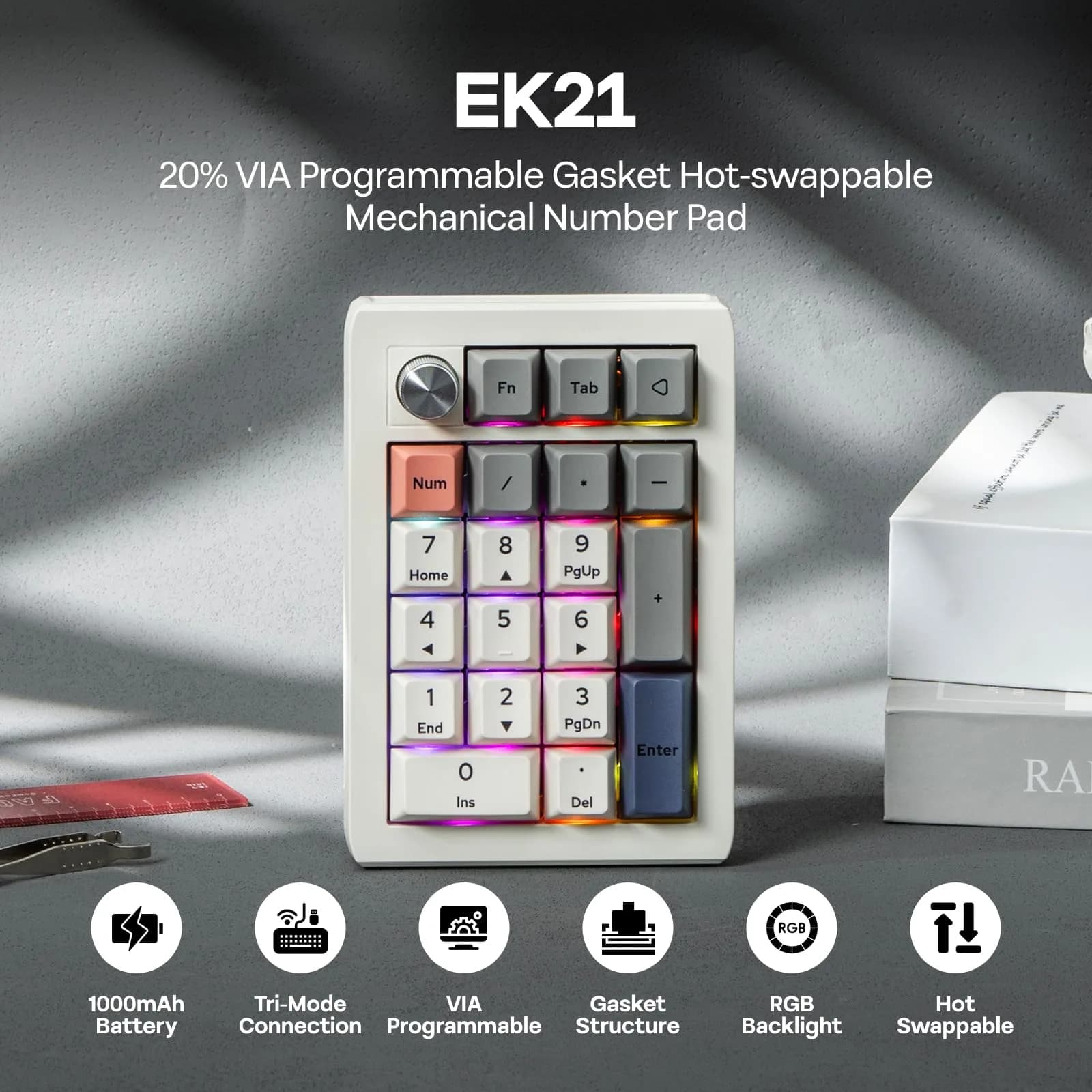 EPOMAKER EK21 VIA Gasket Number Pad with Knob, 20 Keys, 1000mAh Battery | PC Gaming Numpad for Windows & Mac - view 2