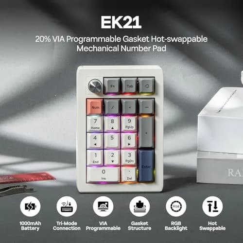 EPOMAKER EK21 VIA Gasket Number Pad with Knob, 20 Keys, 1000mAh Battery, BT 5.0/2.4GHz/Wired, Retro White | PC Gaming Numpad thumbnail 2