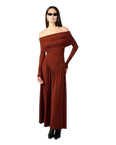 WEWOREWHAT Off Shoulder Ruched Midi Dress in Burgundy | Elegant Fall Style for Women thumbnail 1
