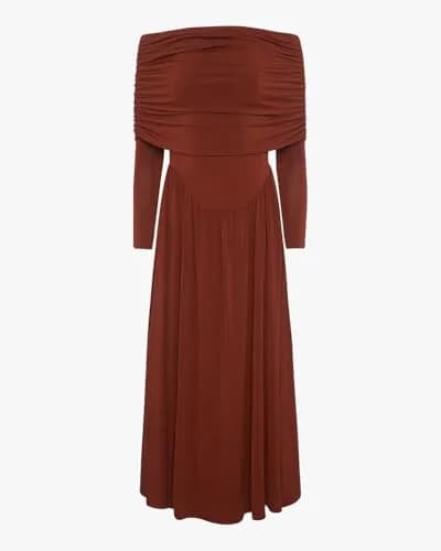 WEWOREWHAT Off Shoulder Ruched Midi Dress in Burgundy | Elegant Fall Style for Women thumbnail 2