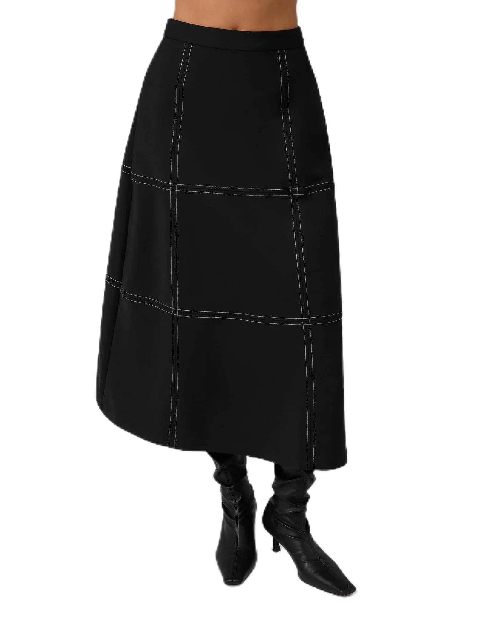 WEWOREWHAT A-LINE Contrast Stitch Skirt in Black | Mid-Rise Cotton Blend