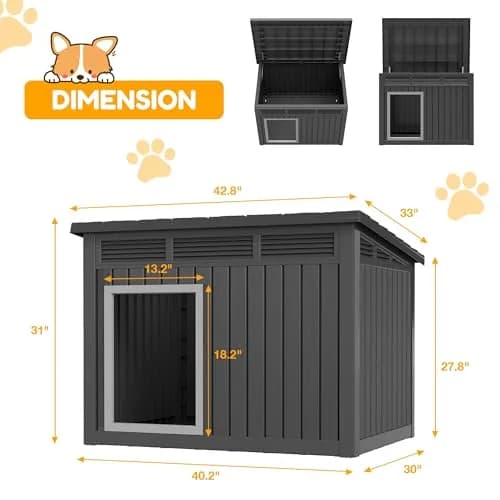 Fancyango Outdoor Dog House for Large Dogs | Weatherproof XL Dog House (Matte Black, 43" L x 33" W x 32" H) thumbnail 4
