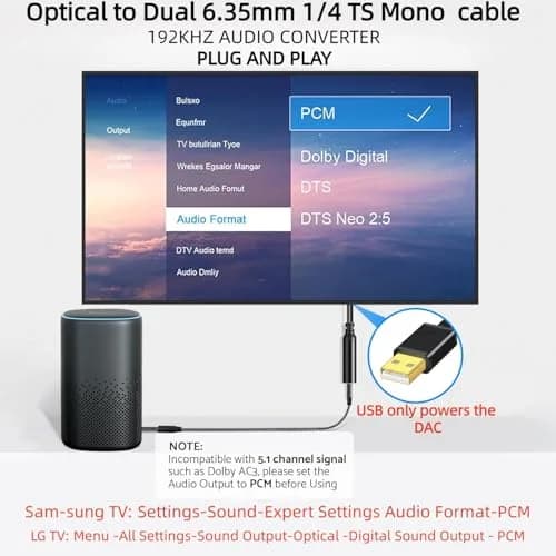 NCGGY 192KHz DAC Optical to Dual 6.35mm (1/4") TS Mono Audio Converter | High-Resolution Digital to Analog Signal thumbnail 4