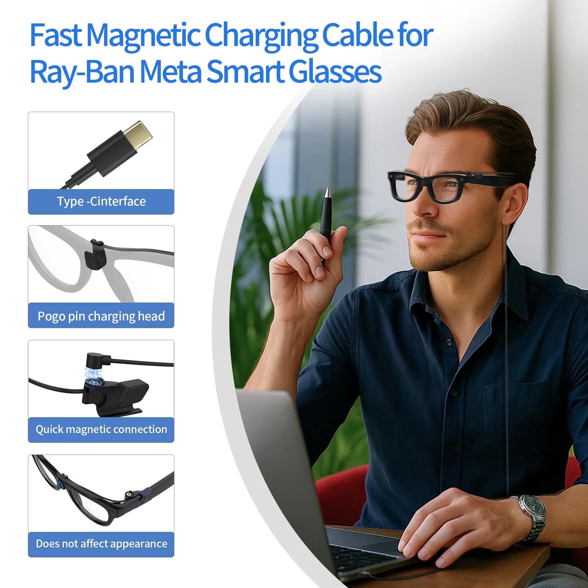 RCstyle Magnetic Charging Cable for Ray-Ban Meta Gen 2/1 & Oakley Meta HSTN 1.2m (3.9ft) | Fast Charging for Smart Glasses - view 5