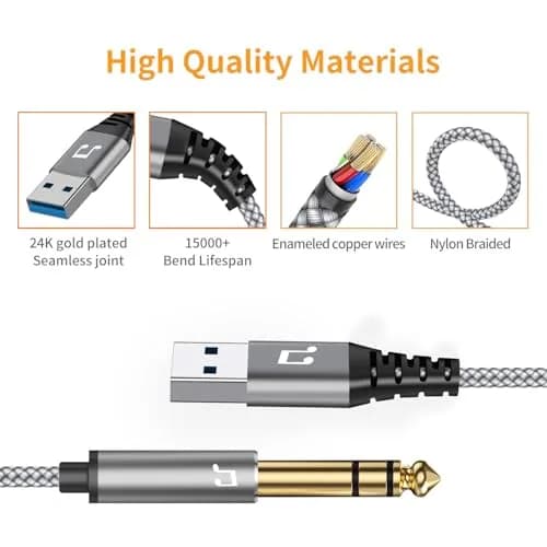 NCGGY USB to 6.35mm 1/4 inch TRS Audio Stereo Cable 10FT | High Fidelity 24bit/96KHZ, Gold-Plated Connectors thumbnail 5