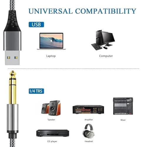 NCGGY USB to 6.35mm 1/4 inch TRS Audio Stereo Cable 10FT | High Fidelity 24bit/96KHZ, Gold-Plated Connectors thumbnail 2