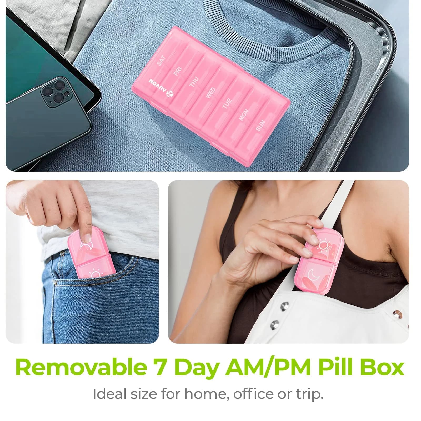 AUVON XL Weekly Pill Organizer Sakura Pink | Easy Open Large Compartments for Vitamins & Supplements - view 6